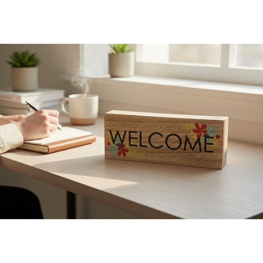Horizon Group Welcome Tabletop Sign Unisex OS Brown Brand New Floral Wood Block